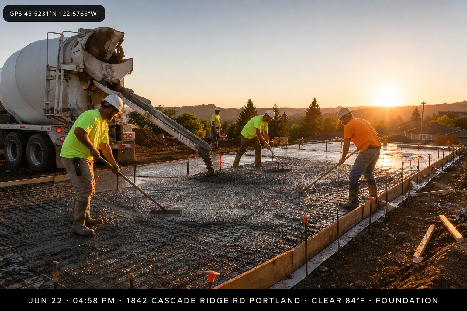 Concrete foundation pour with timestamp, GPS, and weather — construction documentation overlay.