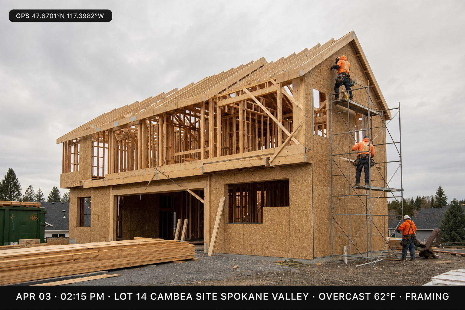 Wood framing progress photo with timestamp, GPS, and job address on a clean jobsite photo app overlay.