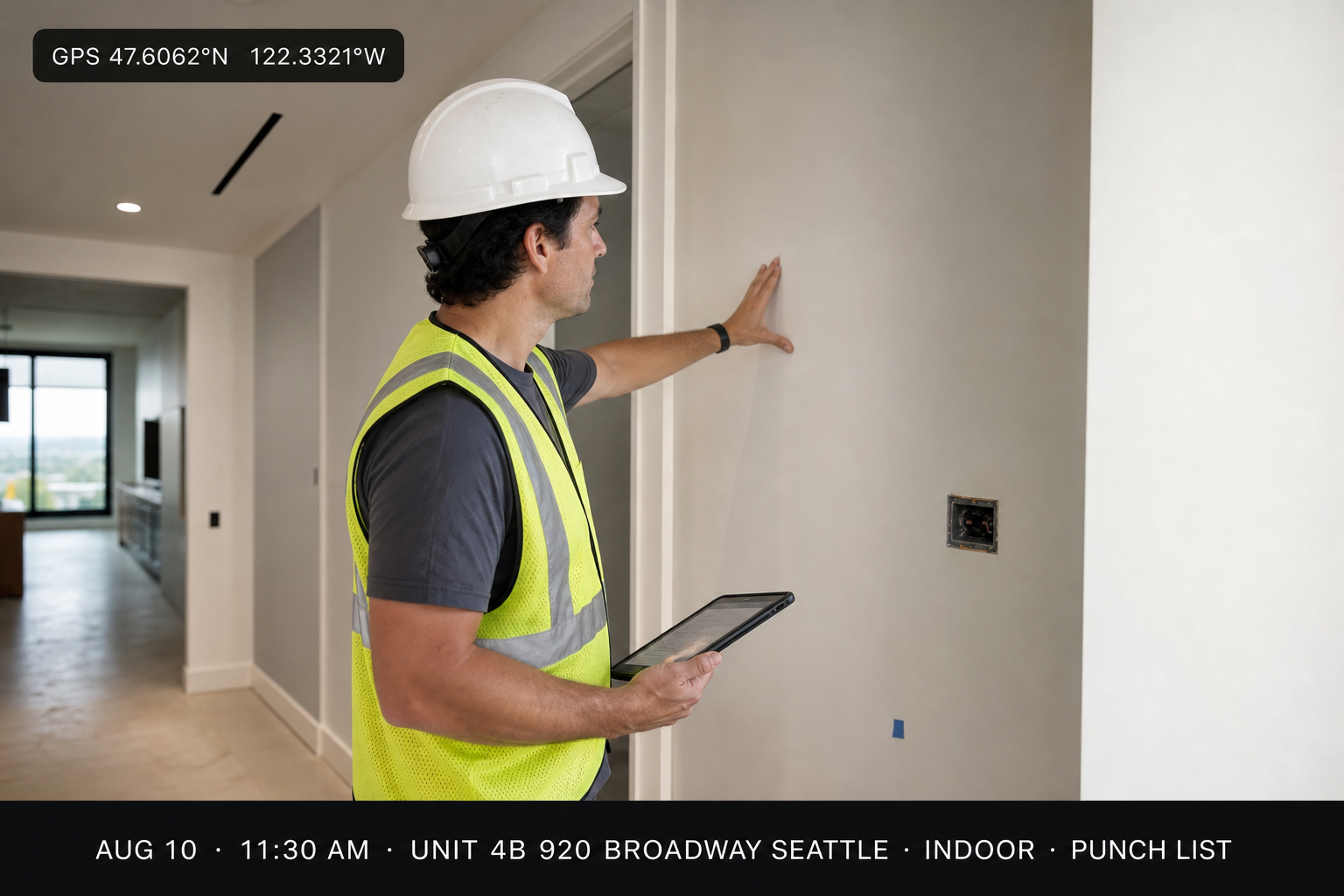 Contractor punch list inspection with timestamp and job address on a clean documentation overlay.