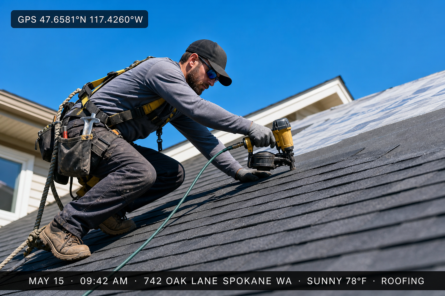 Roofer installing shingles — jobsite photo with timestamp, GPS, and weather on a single clean overlay bar.