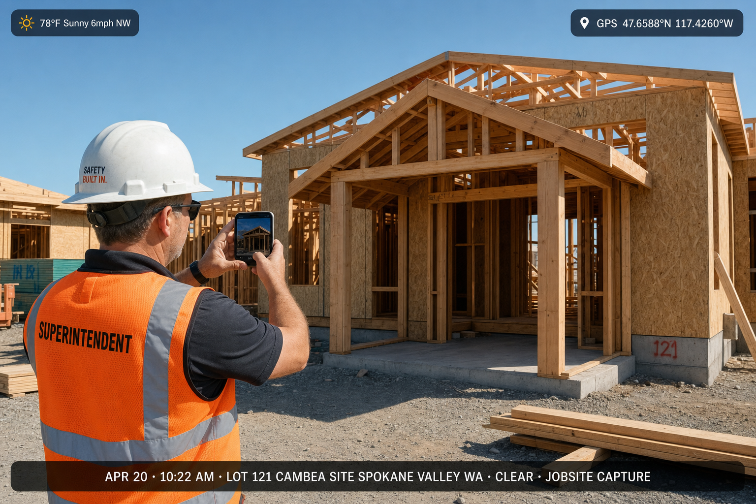 Superintendent capturing a jobsite progress photo on smartphone — timestamp, GPS, and weather overlay from TimeFotos jobsite photo app