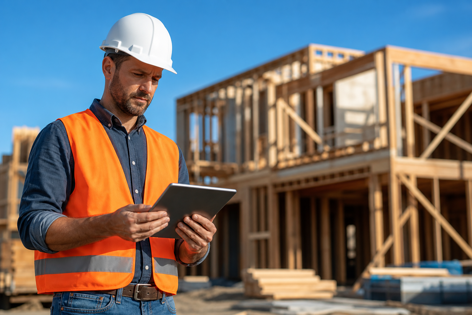Construction project manager reviewing job photos on a tablet at an active framing site — TimeFotos Cloud jobsite photo organizer