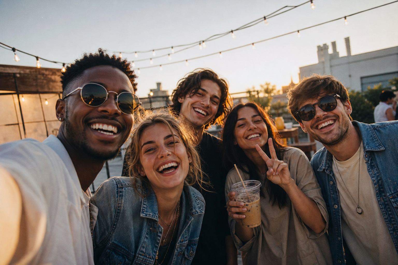 Friends at a rooftop hangout captured in the TimeFotos camera viewfinder