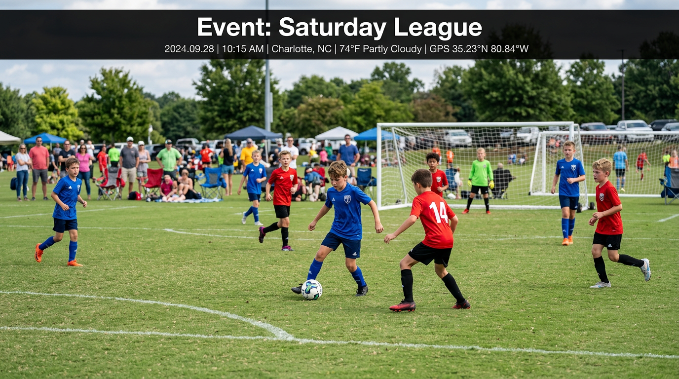Illustrative demo: youth soccer with fictional event metadata on the image.