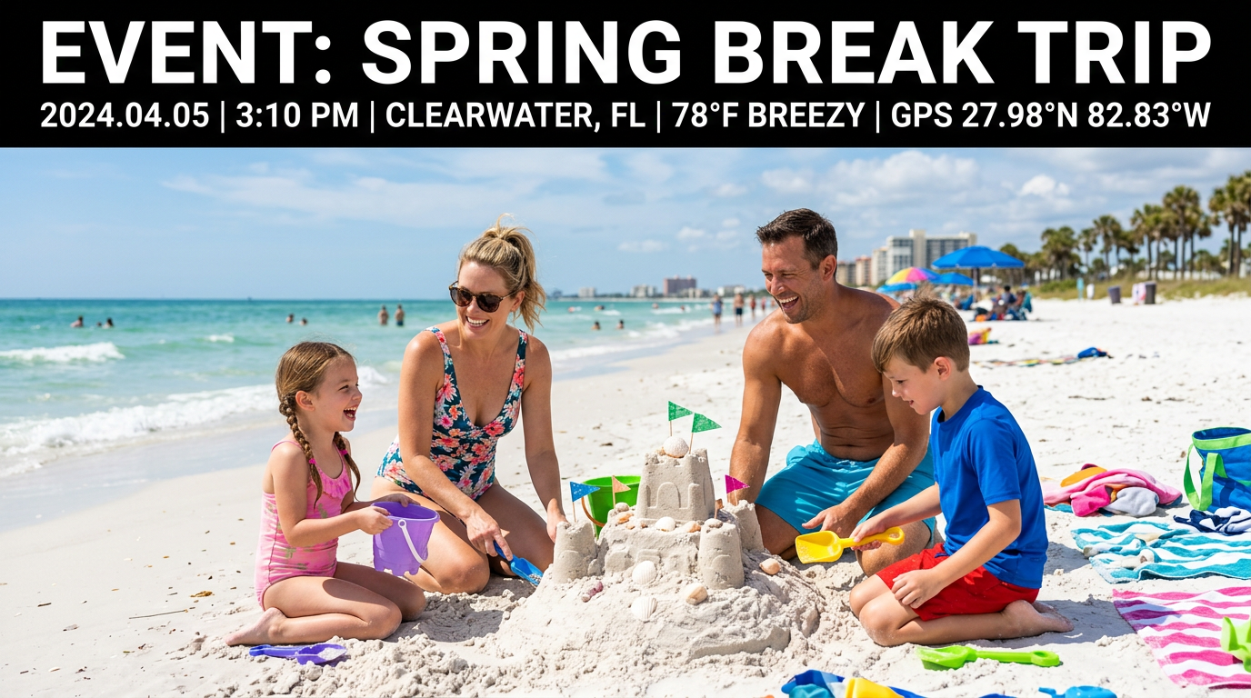 Illustrative demo: beach trip with fictional event metadata on the image.