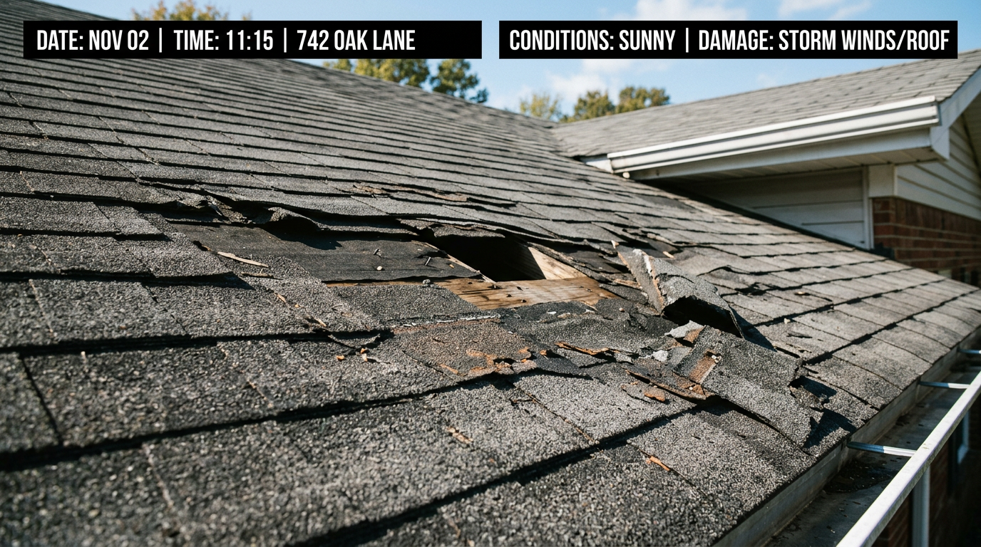 Illustrative demo: storm roof damage with fictional documentation metadata on the image.