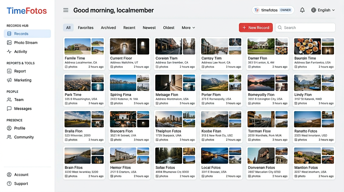 Illustrative TimeFotos Cloud web dashboard with a grid of albums and jobs — birthdays, games, walk-throughs, deliveries, and more — each card showing a thumbnail, place, photo count, and timestamp.