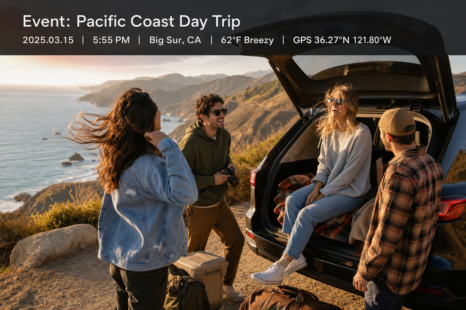 Pacific coast road trip record with date, time, place, and GPS metadata on the frame.