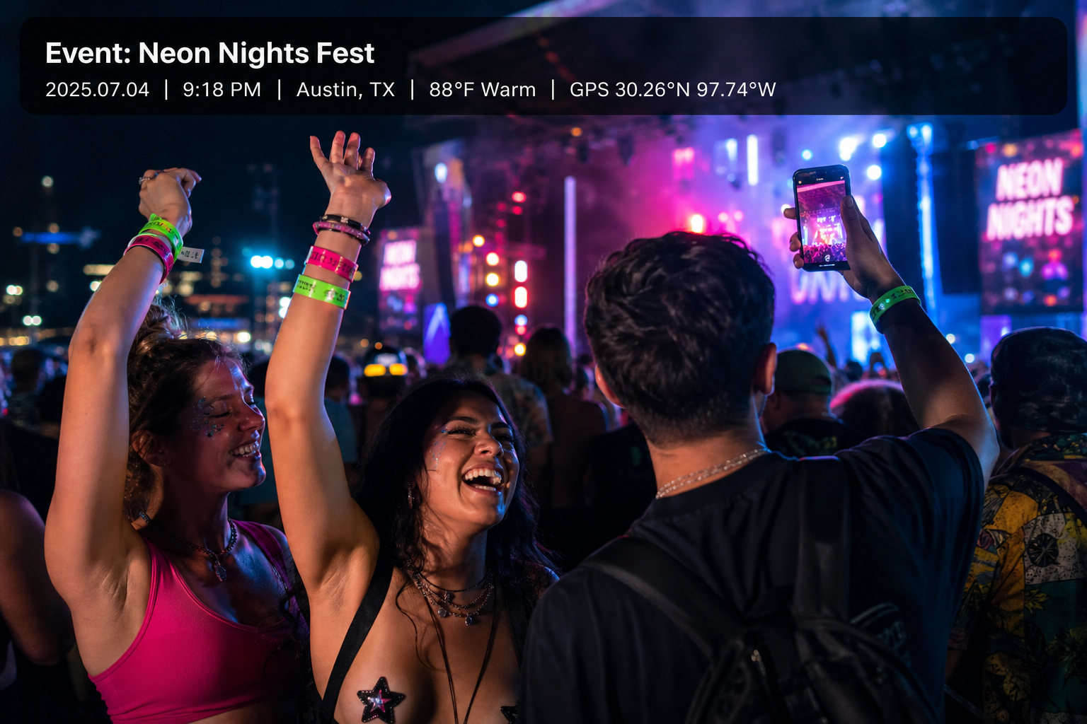 Music festival night record with timestamp, location, and weather stamped on the capture.