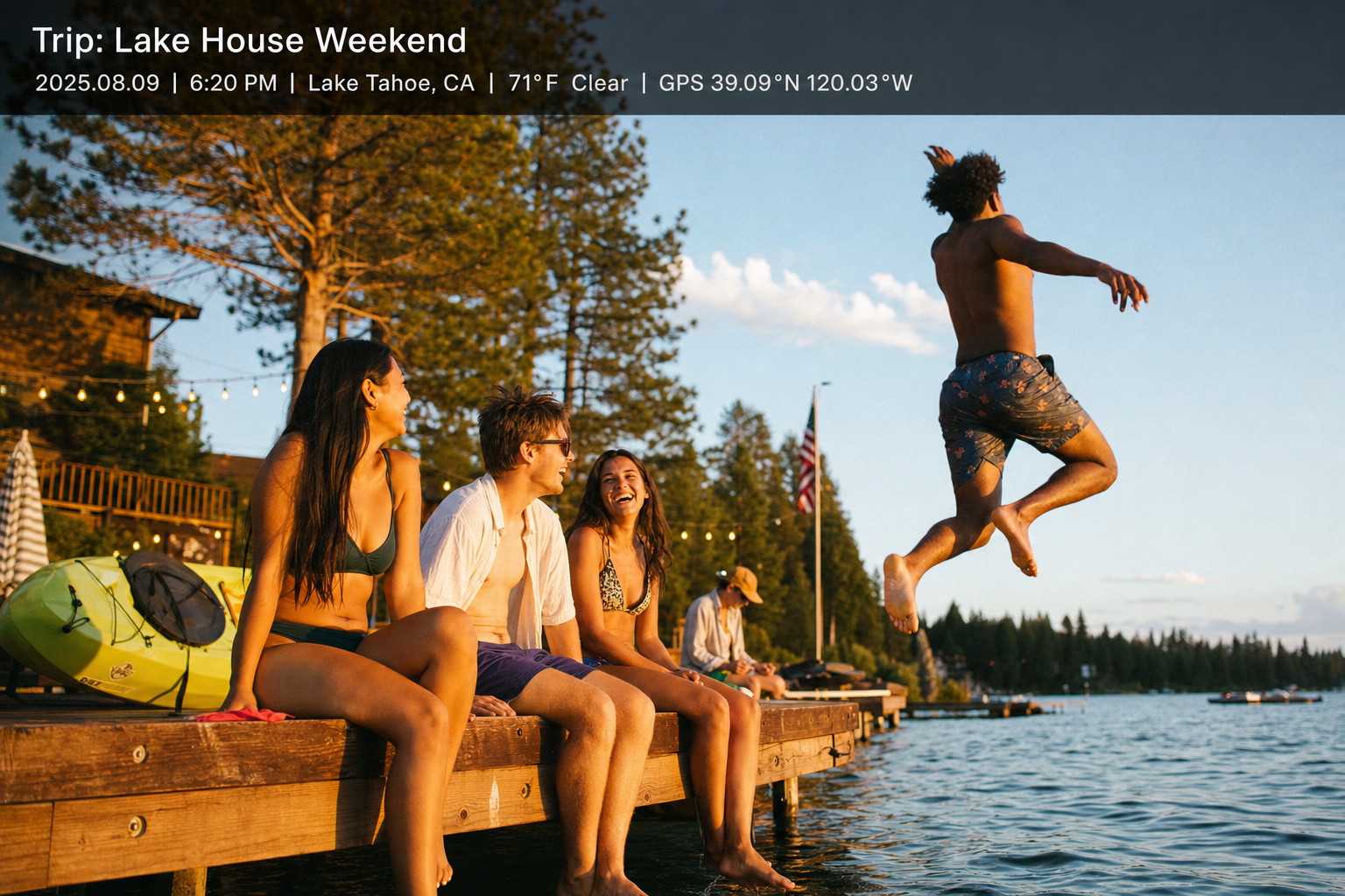 Lake house weekend record with event metadata on the photo