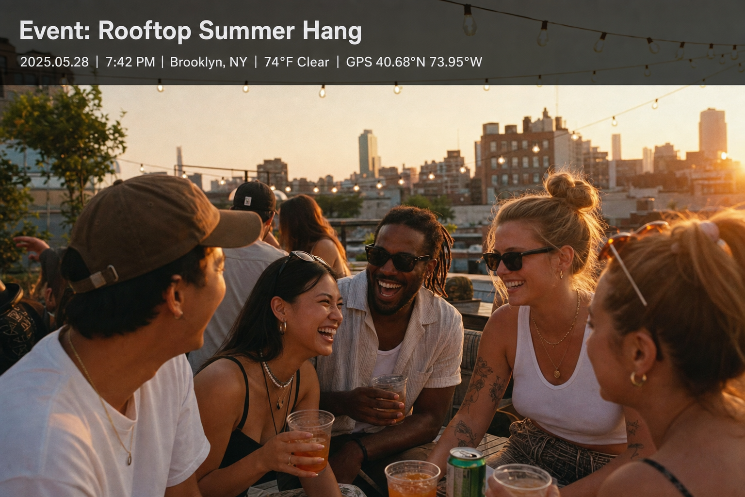 Rooftop summer hang record with event name, date, time, place, weather, and GPS on the photo.