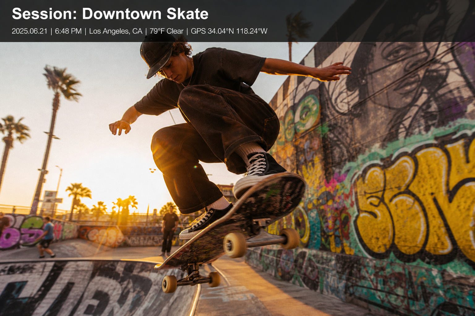 Downtown skate session record with date, time, place, and GPS metadata stamped on the photo