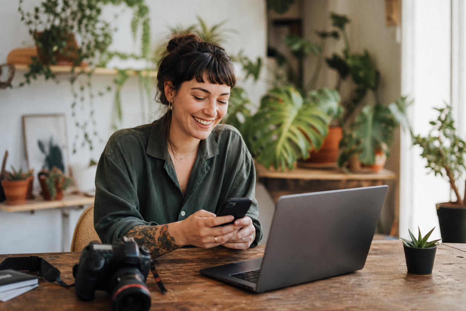 Freelance photographer reviewing her photo records on her phone