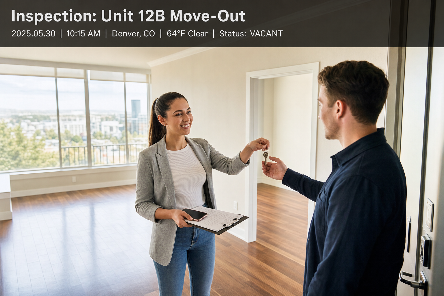 Move-out inspection record with capture metadata on the frame